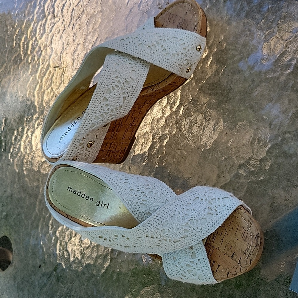 Madden Girl cream crochet faux cork print wedge sandals
